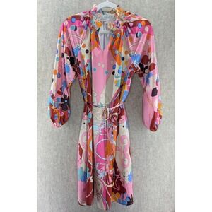 CIEBON XS 70s Style Psychedelic Print Smocked Neck Long Sleeve Mini Dress